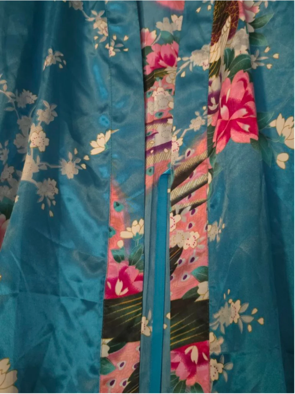 Teal Blue & Pink Satin Floral Peacock Kimono Robe Large Regency Special Occasion